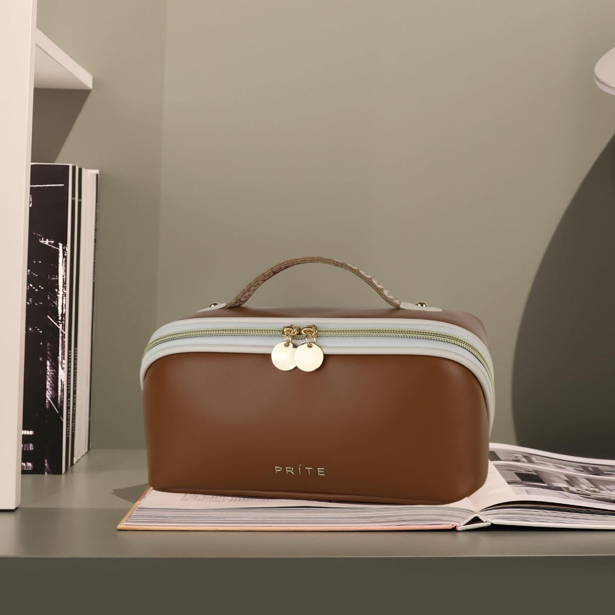 Prite Kosmetiktasche Reise Make Up Tasche mit Pinsel-Fächer, Beige, L