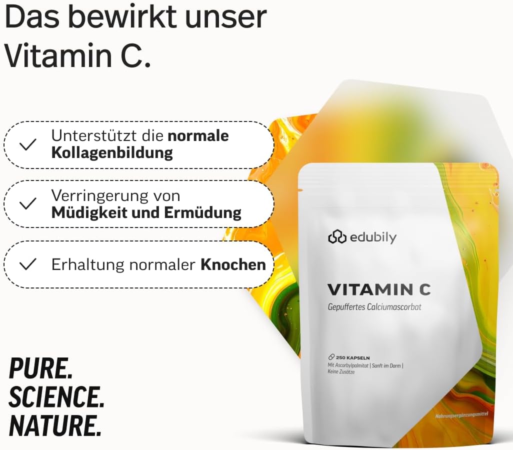 edubily® Vitamin C Kapseln 500 mg - Vitamin C Komplex aus gepuffertem Vit. C als Calciumascorbat und fettlöslichem Vit. C als Ascorbylpalminat (250 Kapseln)