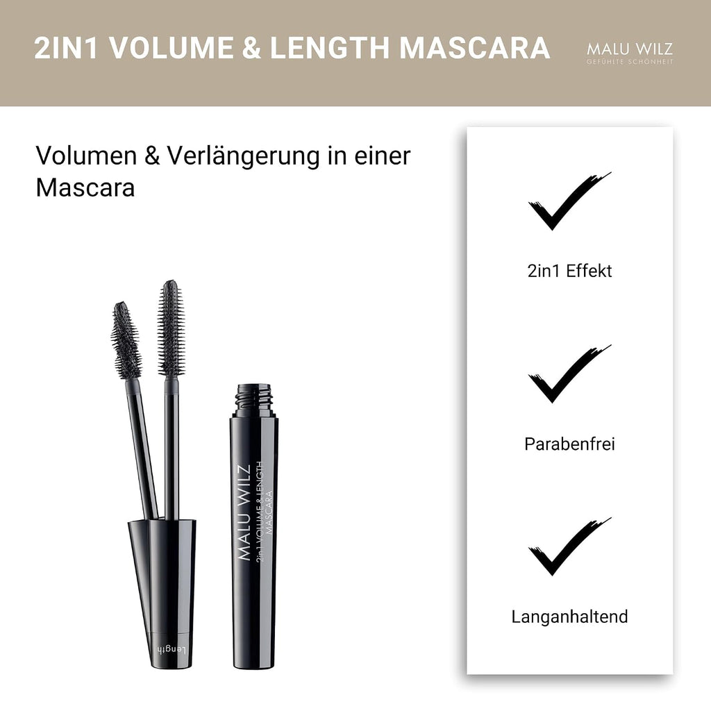 Malu Wilz 2IN1 Volume & Length Mascara schwarz 8ml I Wimperntusche lange Wimpern I Build-up Effekt für audrucksstarkes Wimpernvolumen I Individuelle Looks