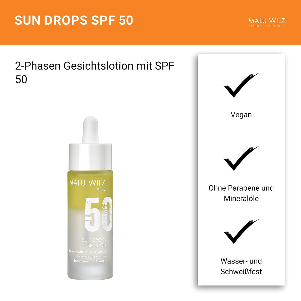 Malu Wilz Sun Drops SPF 50 30ml I Lotion für effektiven Sonnenschutz I Mit Vitamin E und Olivenöl als pflegende Wirkstoffe I Wasser- und schweißfest I Vegan