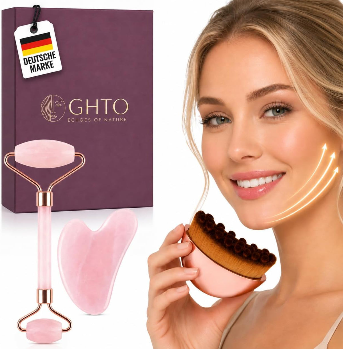 Premium Naturstein Gesichtspflege Set Gua Sha Stein Gesichtsroller Gesichtsbürste Lymphbürste Massagebürste Lymphdrainagebürste für Gesicht