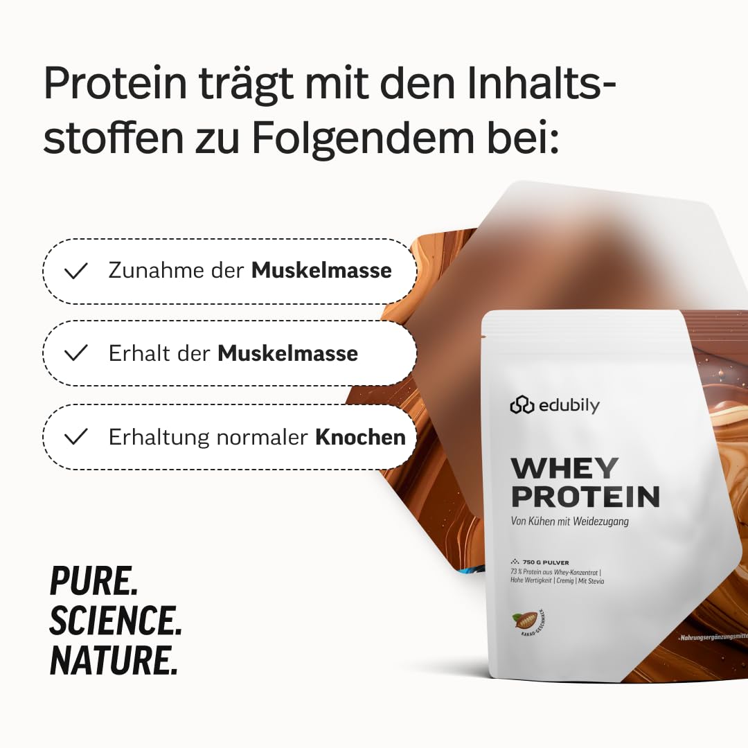 edubily® Whey Protein Konzentrat - Aus Milch von Kühen mit Weidezugang - Ohne Zucker & mit Stevia gesüßt - Optimale Löslichkeit - Made in Germany (750 g, Vanille)