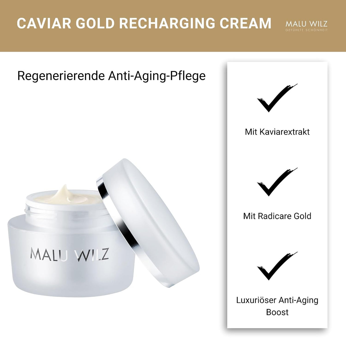 Malu Wilz Caviar Gold Recharging Cream 50ml I Gesichtscreme Damen I Pflegende, feuchtigkeitsspendende Anti Falten Creme I Verlangsamt die Hautalterung