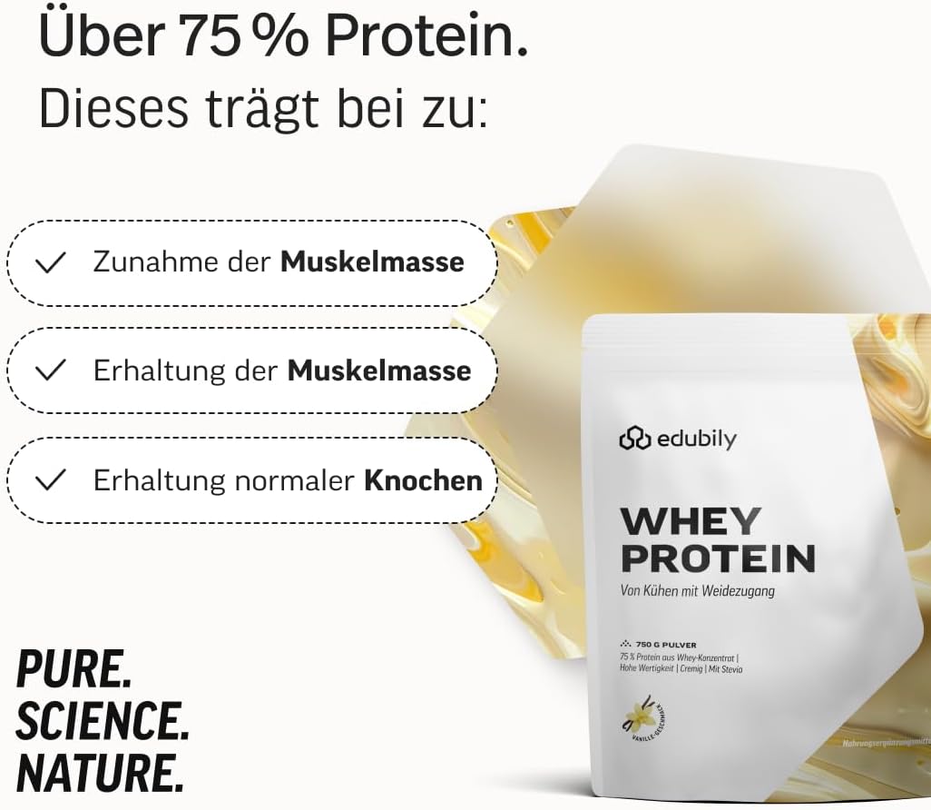 edubily® Whey Protein Konzentrat - Aus Milch von Kühen mit Weidezugang - Ohne Zucker & mit Stevia gesüßt - Optimale Löslichkeit - Made in Germany (750 g, Vanille)