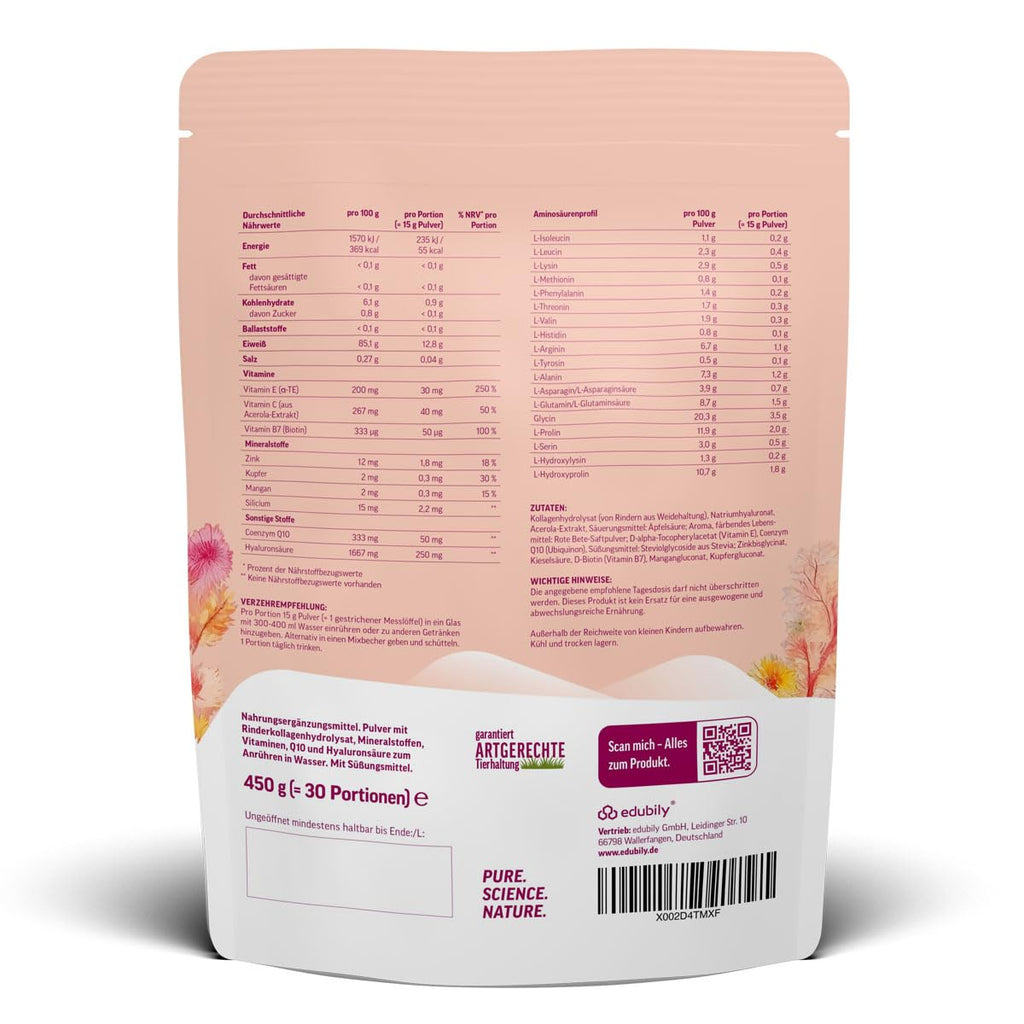 edubily® Kollagen Shine Drink – Beauty-Drink mit Kollagen Hydrolysat aus Weidehaltung, Hyaluronsäure, Vitamin E, Q10 & Biotin (450 g, Pur)