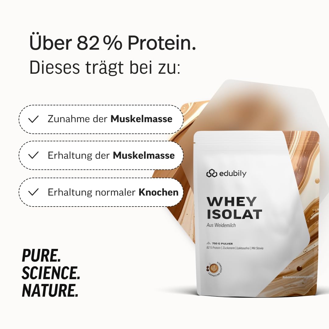 edubily® Whey Protein Isolat - Laktosefrei - Sehr gut lösliches Eiweißpulver ohne Kohlenhydrate & Zucker - Aus irischer Weidehaltung (750 g, Kakao mit Stevia)
