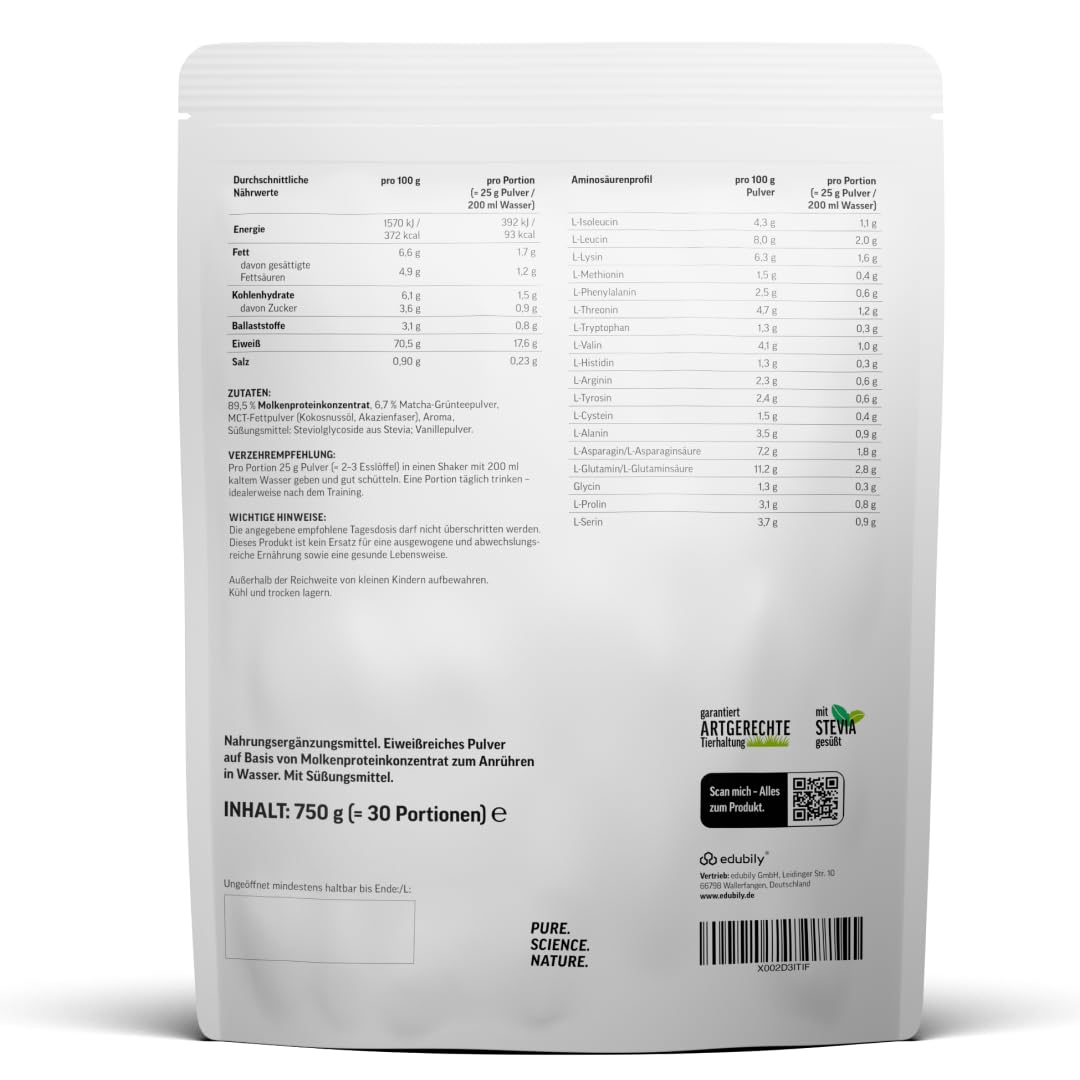 edubily® Whey Protein Konzentrat - Aus Milch von Kühen mit Weidezugang - Ohne Zucker & mit Stevia gesüßt - Optimale Löslichkeit - Made in Germany (750 g, Vanille)