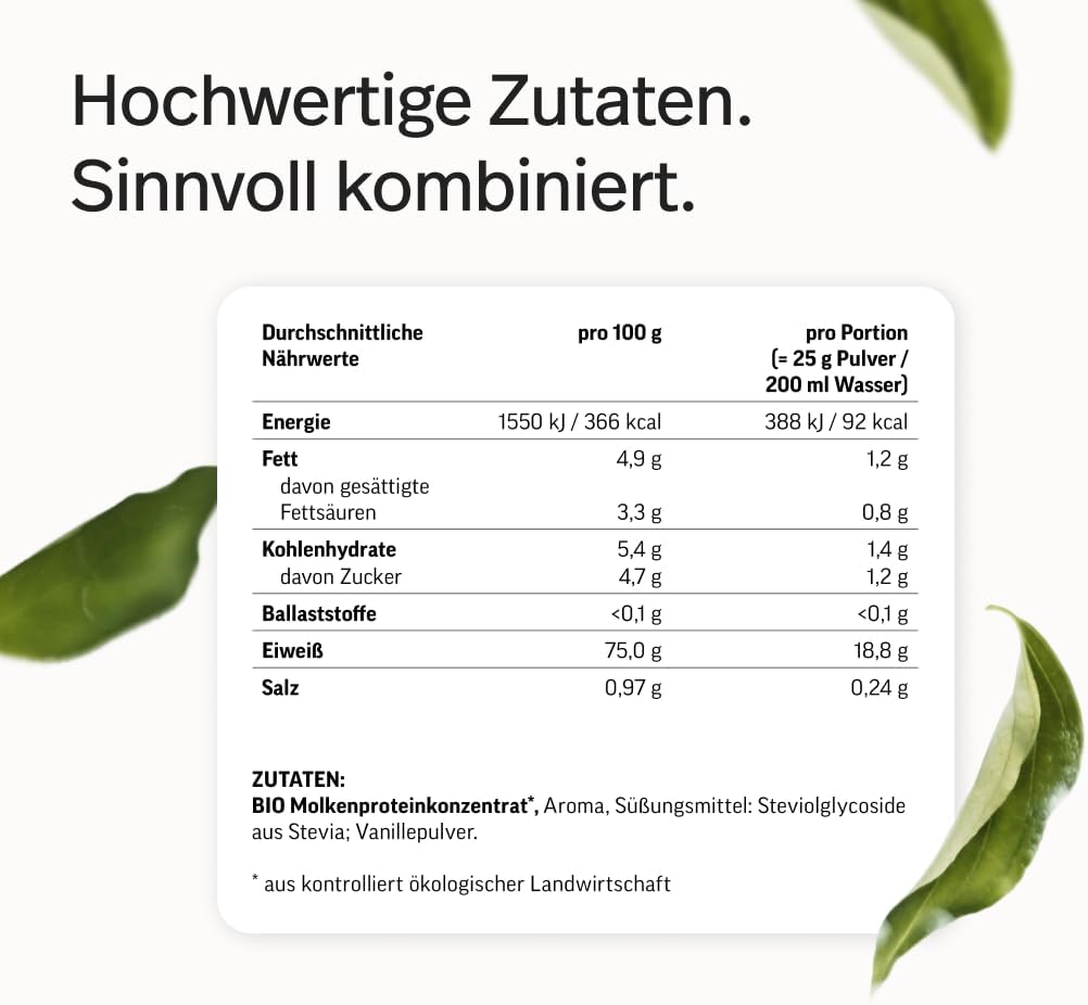 edubily® Whey Protein Konzentrat - Aus Milch von Kühen mit Weidezugang - Ohne Zucker & mit Stevia gesüßt - Optimale Löslichkeit - Made in Germany (750 g, Vanille)