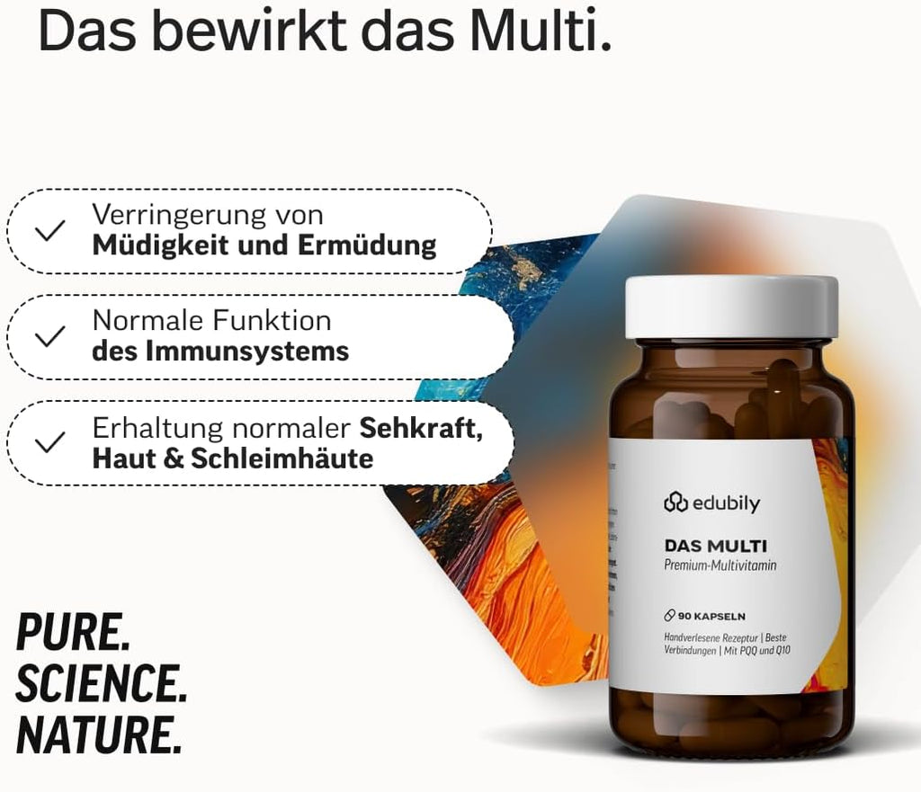 edubily® Das Multi - Multivitamin Kapseln als umfassende Mikronährstoff-Basis - mit 20 Mikronährstoffen, PQQ & Q10 - ohne unnötige Zusätze - 1 Kapsel täglich (90 Kapseln mit Iod)