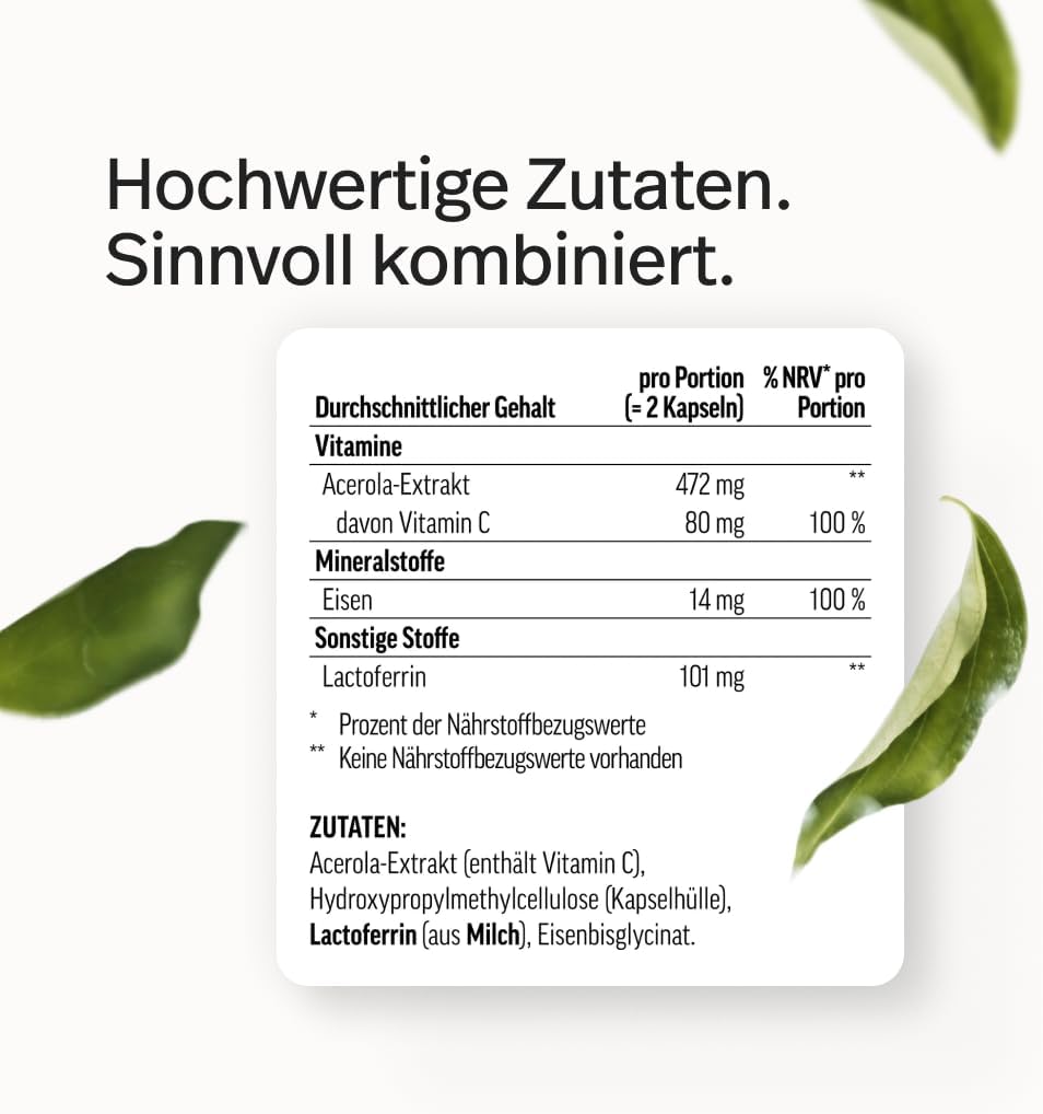 edubily® Eisen mit Lactoferrin - Eisentabletten mit Lactoferrin & Vitamin C aus Acerola-Extrakt - Kleine, leicht zu schluckende Kapseln (90 Kapseln)