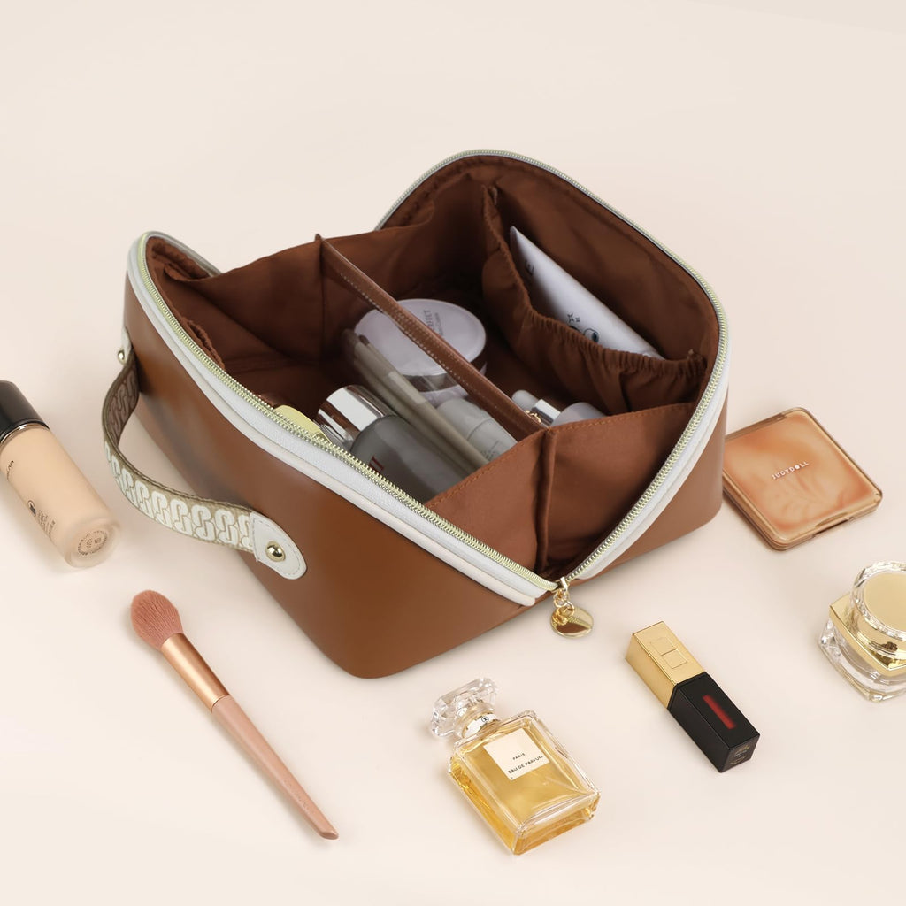 Prite Kosmetiktasche Reise Make Up Tasche mit Pinsel-Fächer, Beige, L