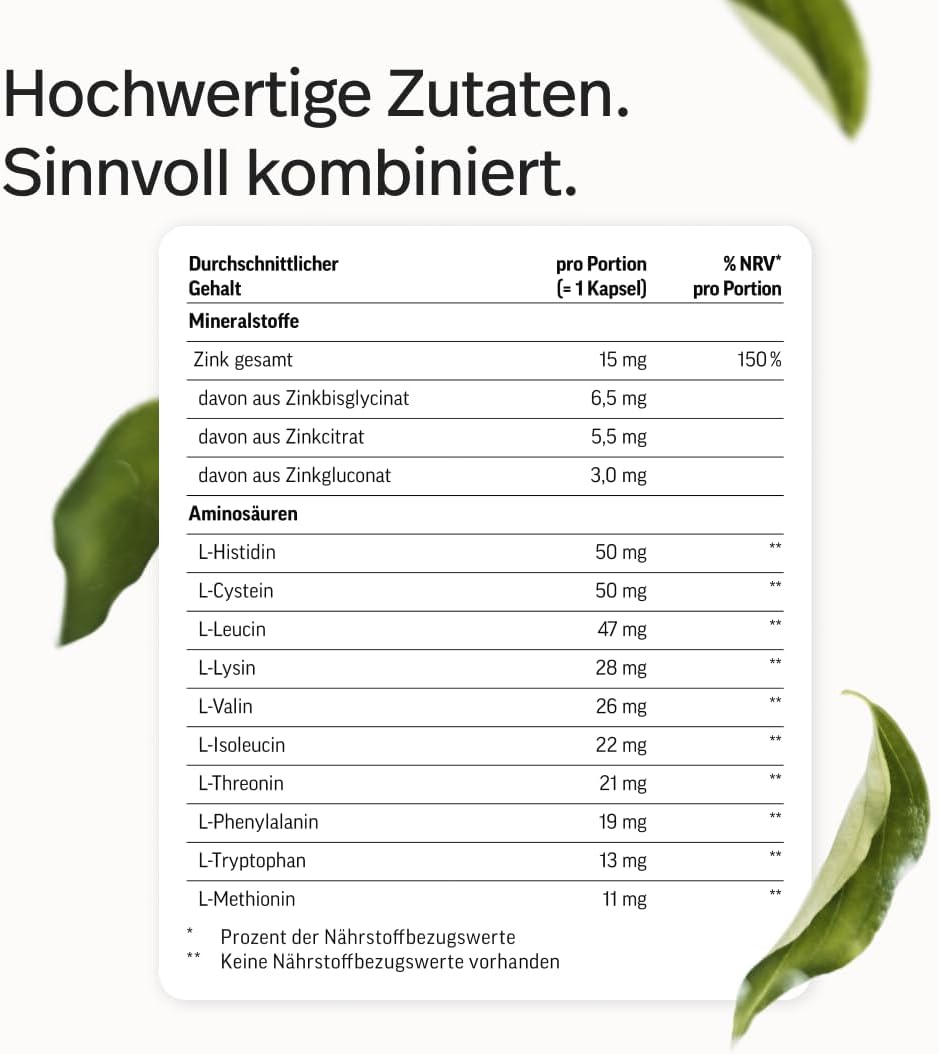 edubily® Zink - Zink Komplex mit 3-Fach Formel aus Zinkglycinat, Zinkcitrat und Zinkglukonat - Mit essentiellen Aminosäuren (90 Kapseln)