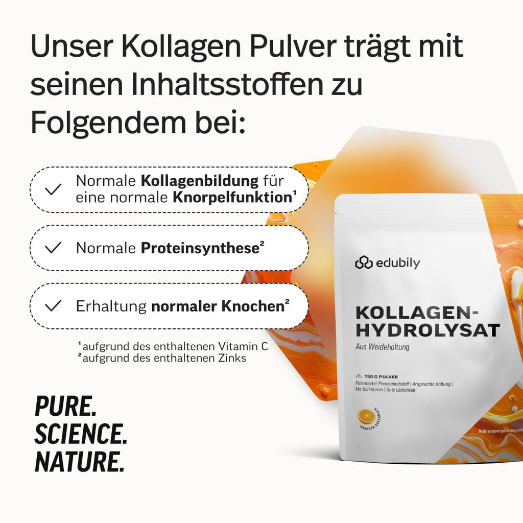 edubily® Kollagen-Hydrolysat - Kollagen Pulver als hochwertige Proteinergänzung im Alltag - aus Weidehaltung, Vitamin C, Zink, Kupfer, Mangan & Kieselsäure - 1 Portion täglich (750 g, ohne Geschmack)