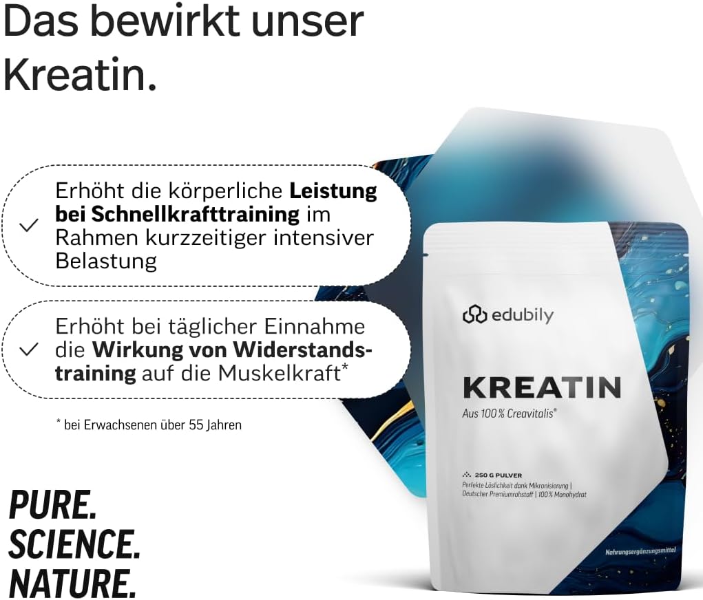 edubily® Creatin Monohydrat - Kreatin Pulver - 3 g Kreatin pro Portion aus mikronisiertem Creavitalis® - sehr gut löslich - deutscher Markenrohstoff (250 g, vegan)