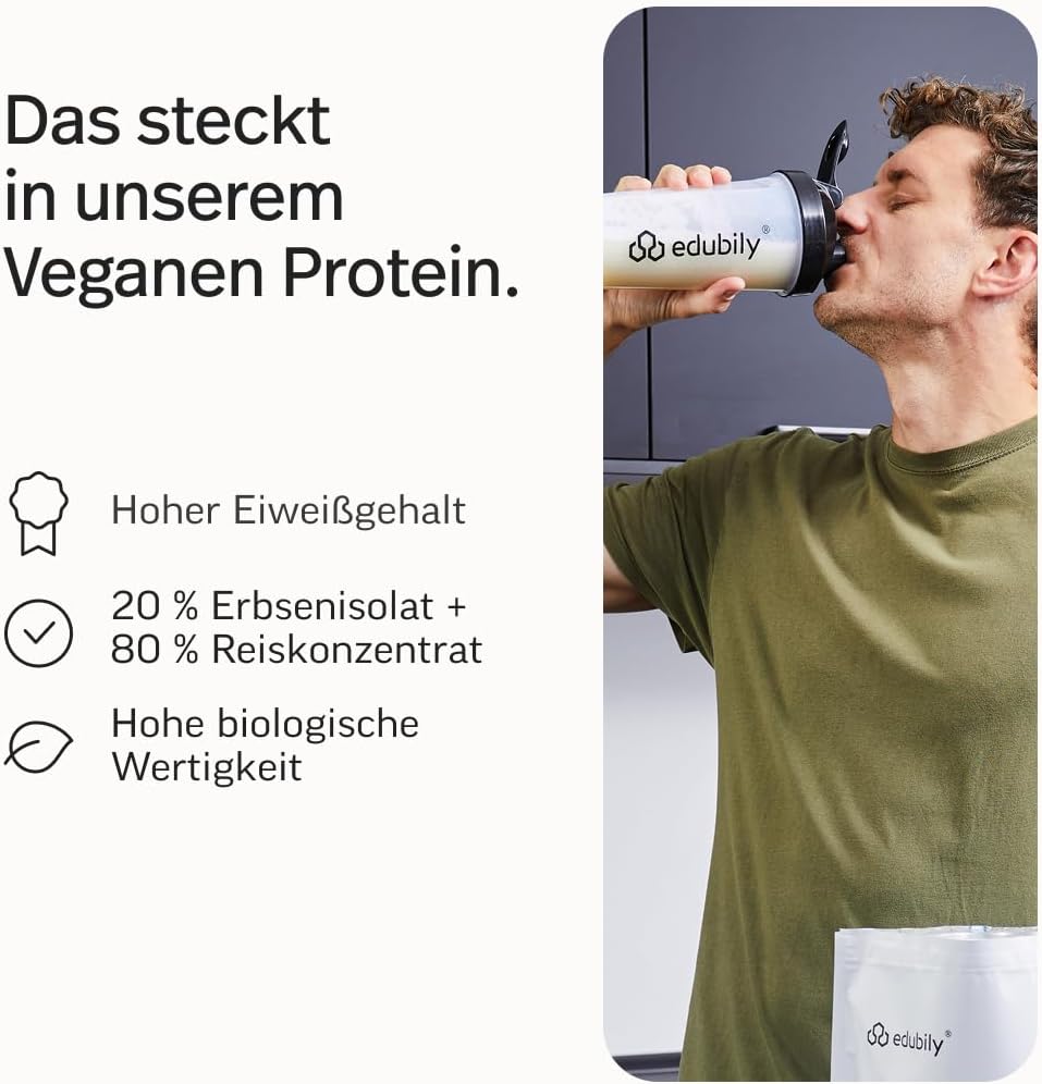 edubily® Veganes Proteinpulver - Mit Reisprotein und Erbsenprotein - Hoher Eiweißgehalt - Ohne Zucker • Mit Stevia • Laborgeprüftes Eiweißpulver (750 g, Erdbeere)