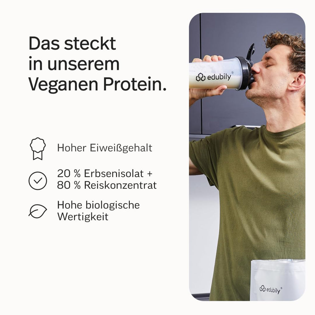 edubily® Veganes Proteinpulver - Mit Reisprotein und Erbsenprotein - Hoher Eiweißgehalt - Ohne Zucker • Mit Stevia • Laborgeprüftes Eiweißpulver (750 g, Erdbeere)