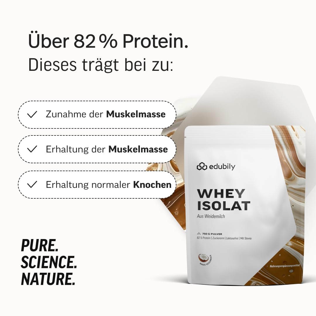 edubily® Whey Protein Isolat - Laktosefrei - Sehr gut lösliches Eiweißpulver ohne Kohlenhydrate & Zucker - Aus irischer Weidehaltung (750 g, Kakao mit Stevia)