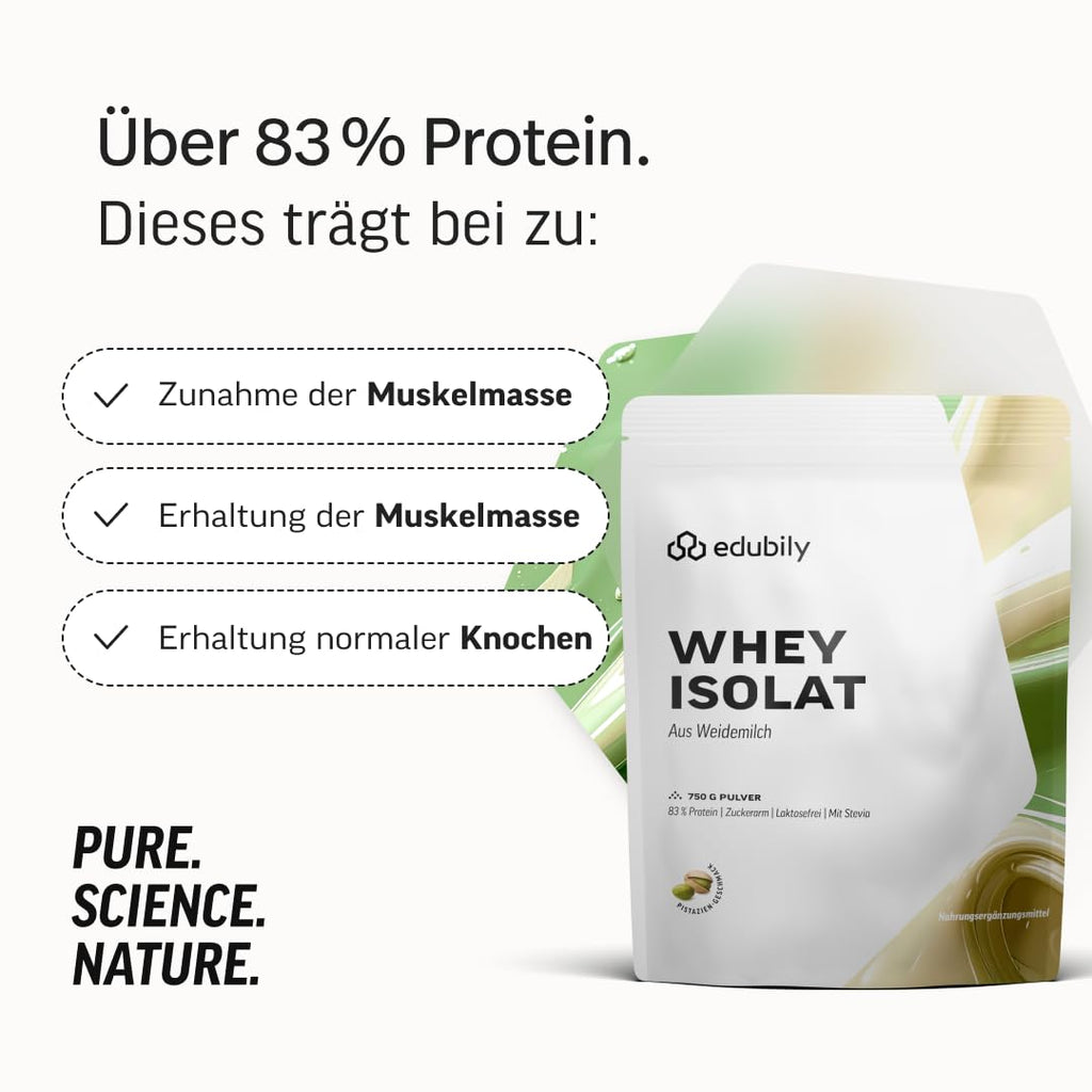 edubily® Whey Protein Isolat - Laktosefrei - Sehr gut lösliches Eiweißpulver ohne Kohlenhydrate & Zucker - Aus irischer Weidehaltung (750 g, Kakao mit Stevia)