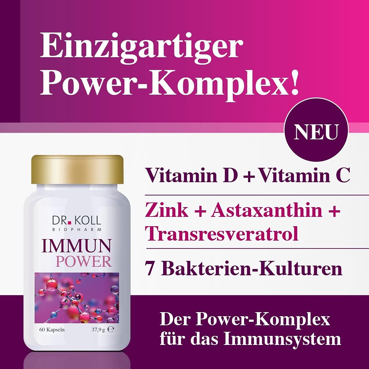 Immun Power Dr. Koll - Nahrungsergänzungsmittel zur Stärkung des Immunsystems mit u.a. Vitamin C, D, Zink und Antioxidantien | 60 hochdosierte Kapseln | vegan und ohne Gelantine