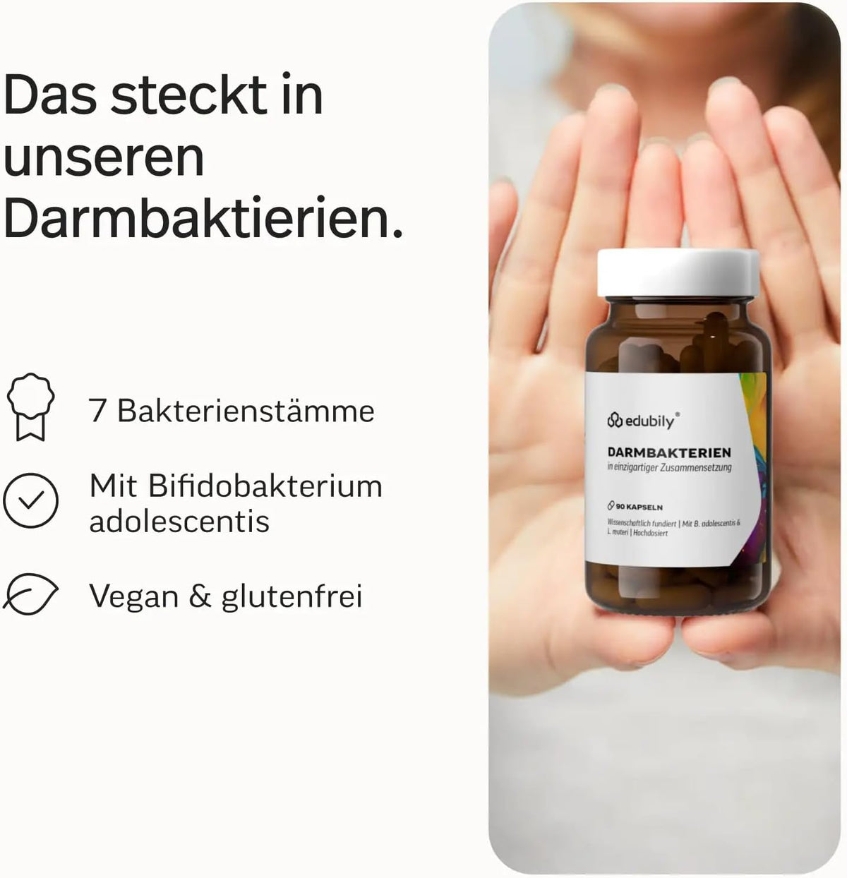 edubily® Darmbakterien Kapseln mit L. plantarum, L. reuteri, S. thermophilus, B. lactis, B. longum, B. infantis & B. adolescentis - Ohne Inulin (90 Kapseln)