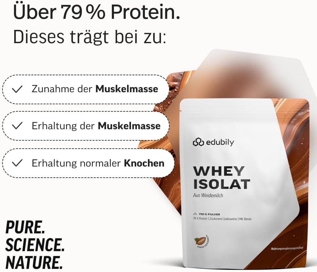 edubily® Whey Protein Isolat - Laktosefrei - Sehr gut lösliches Eiweißpulver ohne Kohlenhydrate & Zucker - Aus irischer Weidehaltung (750 g, Kakao mit Stevia)