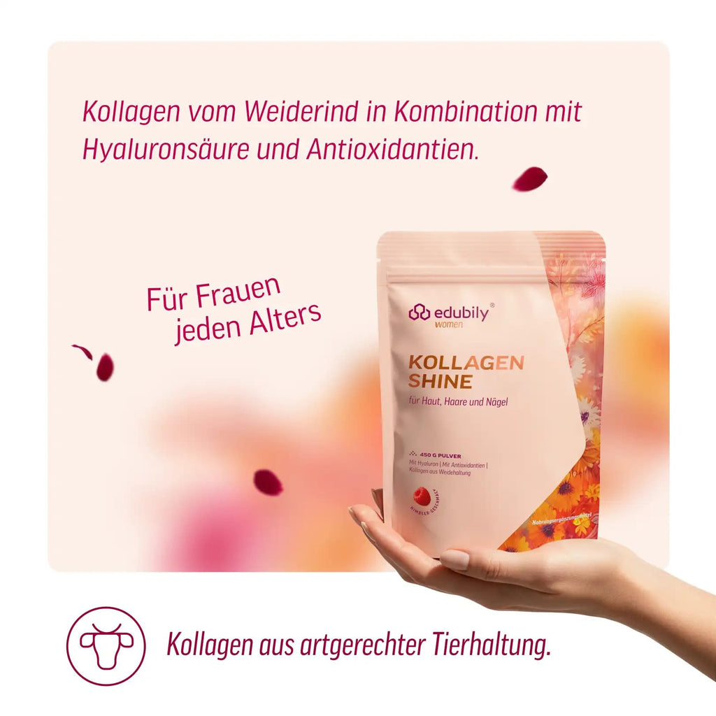 edubily® Kollagen Shine Drink – Beauty-Drink mit Kollagen Hydrolysat aus Weidehaltung, Hyaluronsäure, Vitamin E, Q10 & Biotin (450 g, Pur)