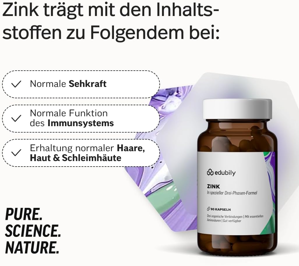 edubily® Zink - Zink Komplex mit 3-Fach Formel aus Zinkglycinat, Zinkcitrat und Zinkglukonat - Mit essentiellen Aminosäuren (90 Kapseln)