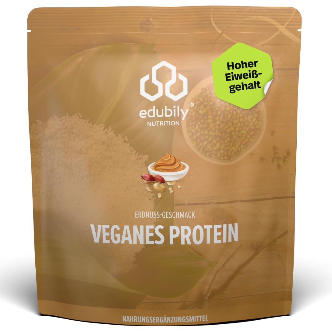 edubily® Veganes Proteinpulver - Mit Reisprotein und Erbsenprotein - Hoher Eiweißgehalt - Ohne Zucker • Mit Stevia • Laborgeprüftes Eiweißpulver (750 g, Erdbeere)