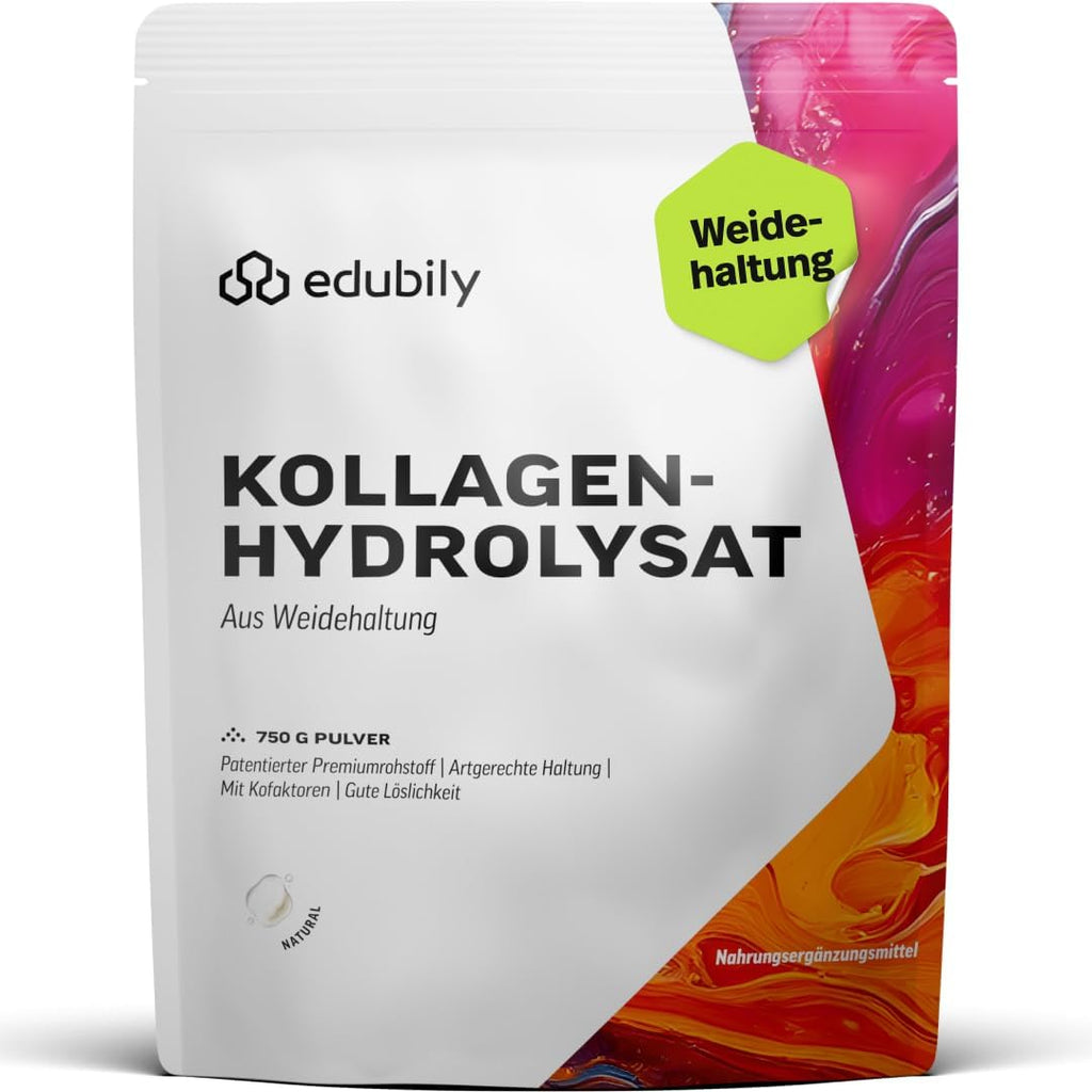 edubily® Kollagen-Hydrolysat - Kollagen Pulver als hochwertige Proteinergänzung im Alltag - aus Weidehaltung, Vitamin C, Zink, Kupfer, Mangan & Kieselsäure - 1 Portion täglich (750 g, ohne Geschmack)