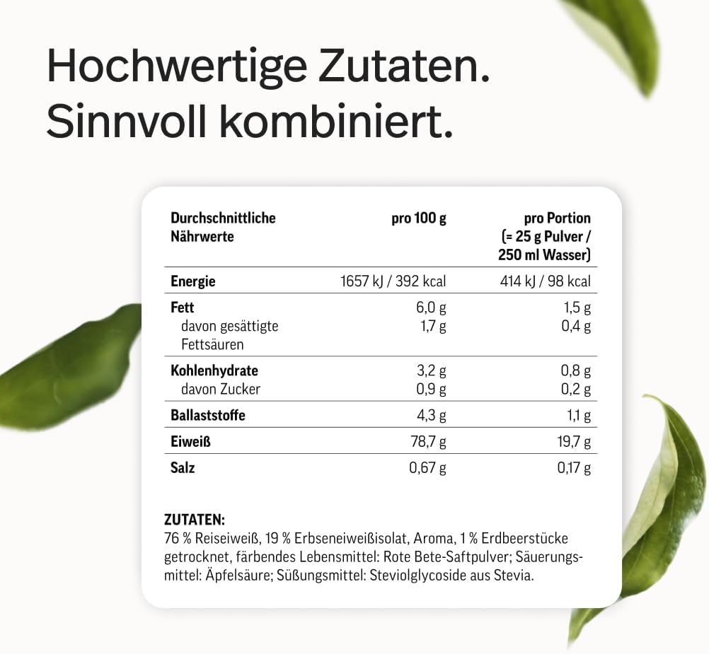 edubily® Veganes Proteinpulver - Mit Reisprotein und Erbsenprotein - Hoher Eiweißgehalt - Ohne Zucker • Mit Stevia • Laborgeprüftes Eiweißpulver (750 g, Erdbeere)