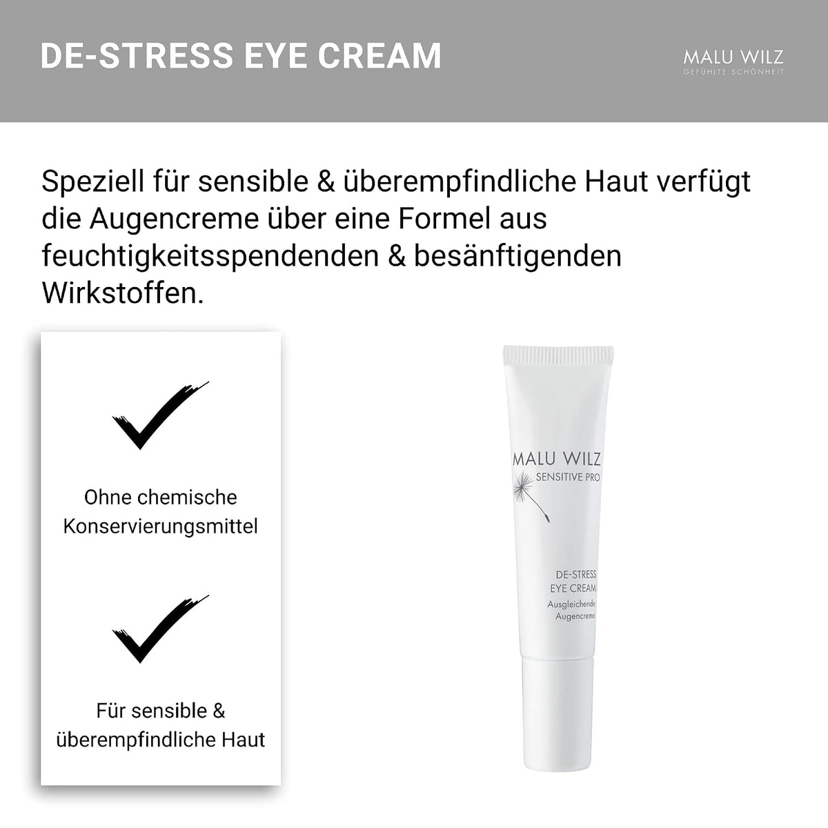Malu Wilz DE-Stress Eye Cream 15ml I Skincare Augencreme für sanfte Gesichtspflege I Schützende Gesichtspflege-Creme mit Hyaluronsäure I Vegan