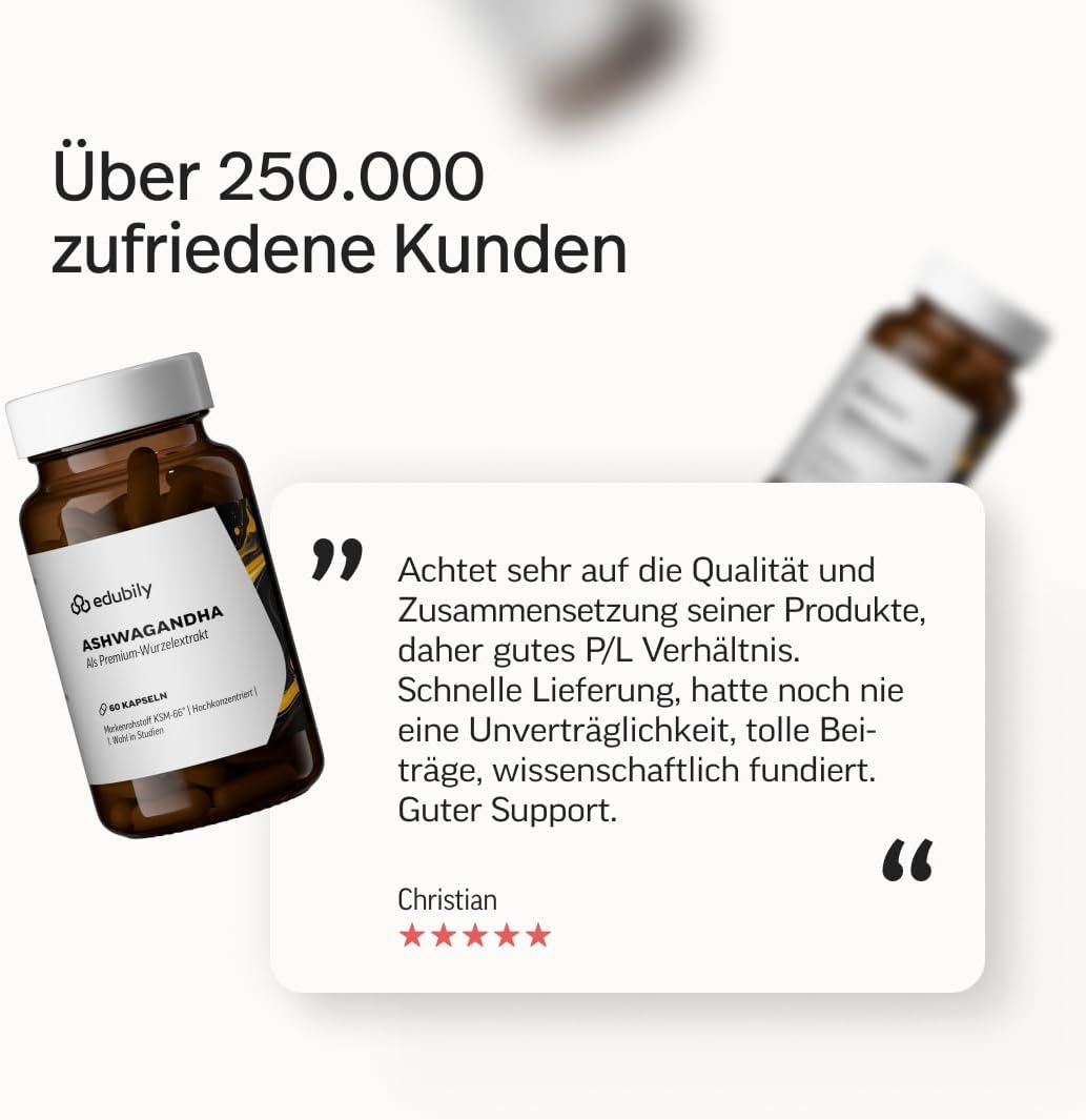 edubily® Ashwagandha-Extrakt - Mit 500 mg Extrakt pro Kapsel - Markenrohstoff KSM-66® mit 25 mg Withanoliden (60 Kapseln)