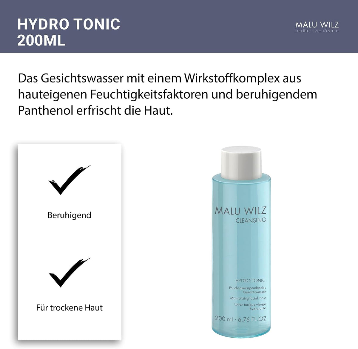Malu Wilz Hydro Tonic 200 ml I Sanftes Pflege-Gesichtswasser mit beruhigendem Panthenol I Skincare für empfindliche Haut I Ohne Alkohol I Vegan