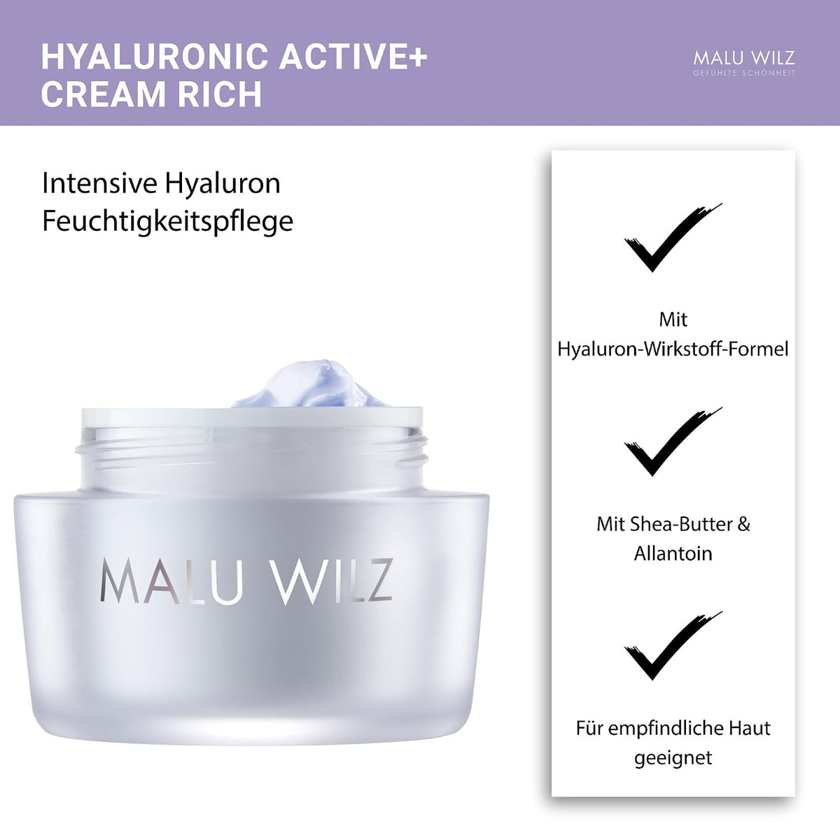 Malu Wilz Hyaluronic Active + Cream Rich 50 ml I Erfrischende Skincare Gesichtspflege-Creme mit Hyaluron-Wirkstoff-Formel mit Dual-Effekt I Booster I Vegan