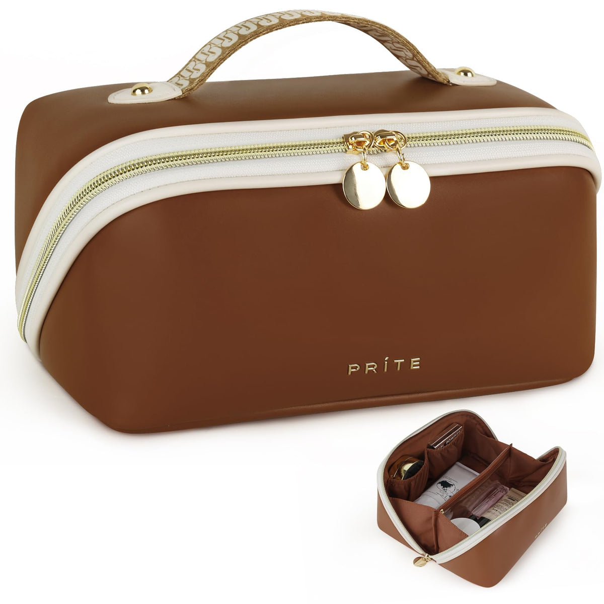 Prite Kosmetiktasche Reise Make Up Tasche mit Pinsel-Fächer, Beige, L
