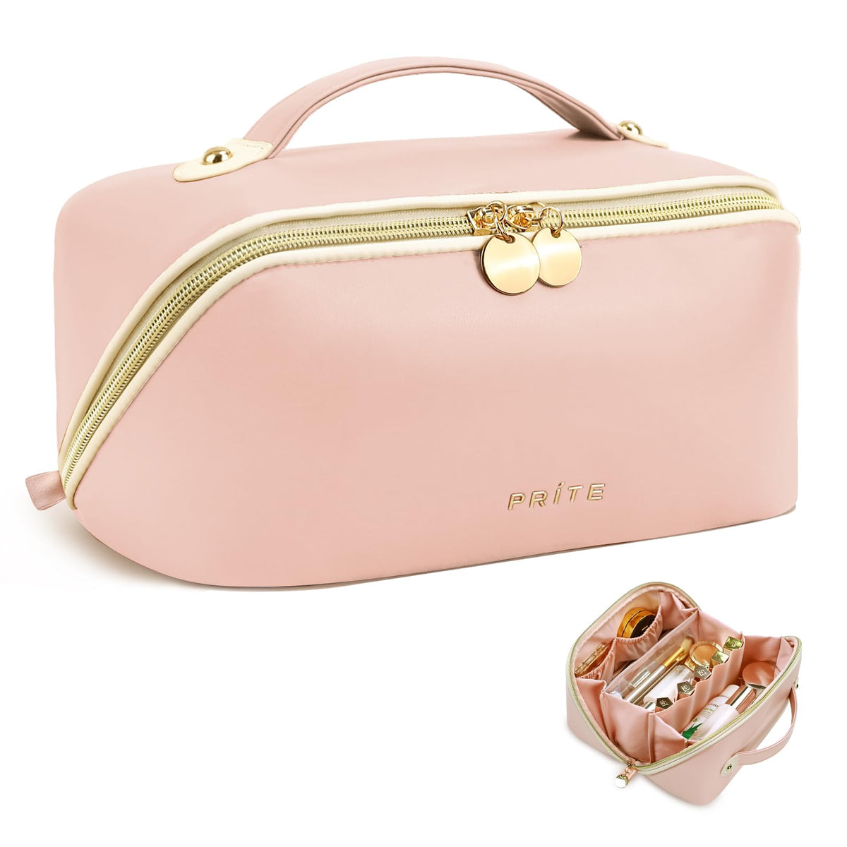 Prite Kosmetiktasche Reise Make Up Tasche mit Pinsel-Fächer, Beige, L