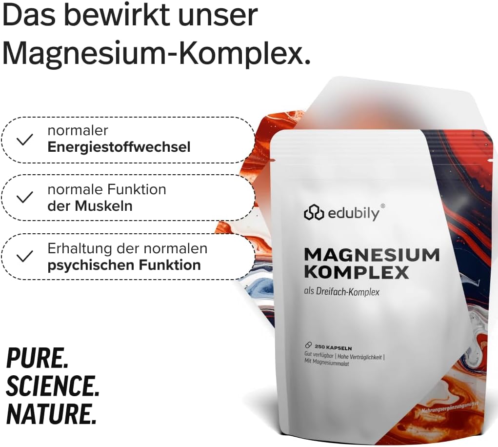 edubily® Magnesium Komplex Kapseln - Magnesiummischung aus Magnesiumbisglycinat, Magnesiummalat und Magnesiumcitrat - Ohne Magnesiumstearat - (250 Kapseln - Neue Rezeptur)
