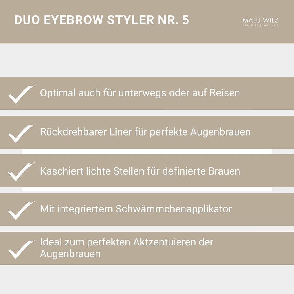 Malu Wilz Duo Eyebrow Styler Nr.5 Mittelbraun I Augenbrauenstift wasserfest I Eyebrow Pencil I Perfektioniert und akzentuiert die Augenbrauen eindrucksvoll
