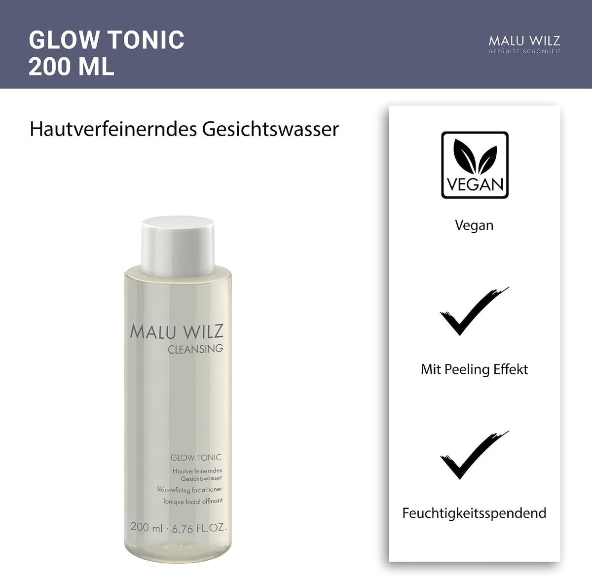 Malu Wilz Glow Tonic 200 ml I Gesichtswasser mit Milchsäure, Hyaluronsäure, Glycerin & Panthenol I Tonic mit Peeling-Effekt I Glättet die Haut I Vegan