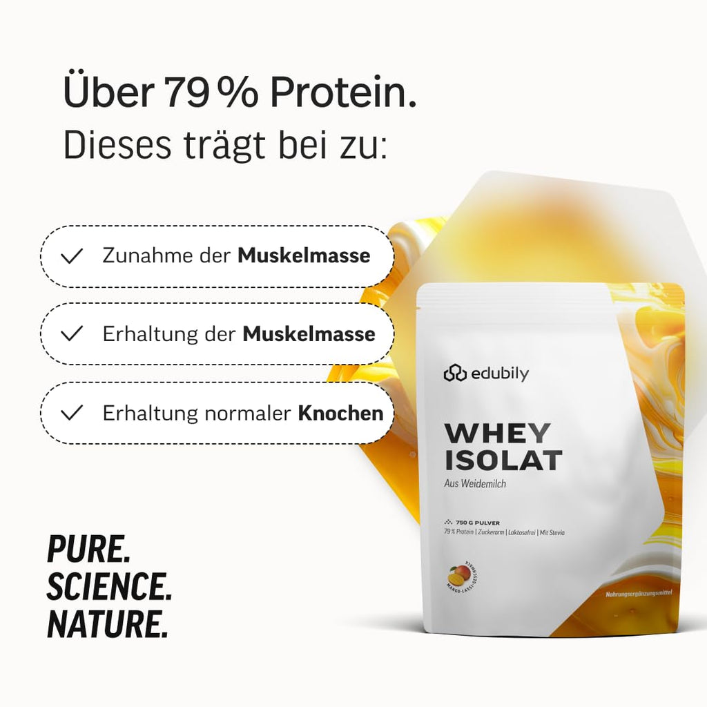 edubily® Whey Protein Isolat - Laktosefrei - Sehr gut lösliches Eiweißpulver ohne Kohlenhydrate & Zucker - Aus irischer Weidehaltung (750 g, Kakao mit Stevia)