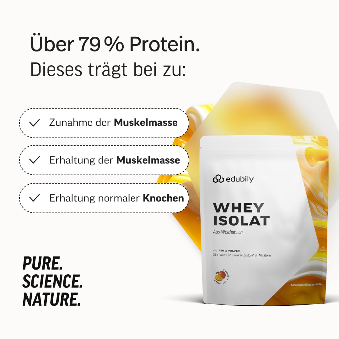 edubily® Whey Protein Isolat - Laktosefrei - Sehr gut lösliches Eiweißpulver ohne Kohlenhydrate & Zucker - Aus irischer Weidehaltung (750 g, Kakao mit Stevia)