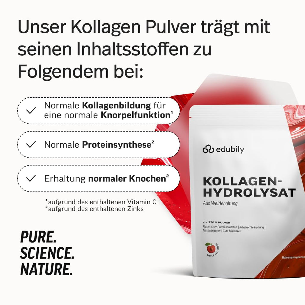 edubily® Kollagen-Hydrolysat - Kollagen Pulver als hochwertige Proteinergänzung im Alltag - aus Weidehaltung, Vitamin C, Zink, Kupfer, Mangan & Kieselsäure - 1 Portion täglich (750 g, ohne Geschmack)