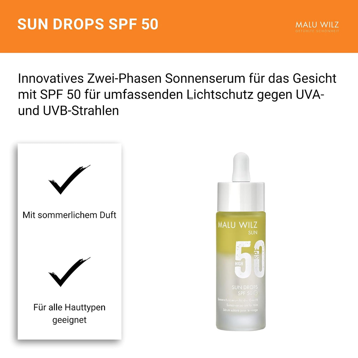 Malu Wilz Sun Drops SPF 50 30ml I Lotion für effektiven Sonnenschutz I Mit Vitamin E und Olivenöl als pflegende Wirkstoffe I Wasser- und schweißfest I Vegan