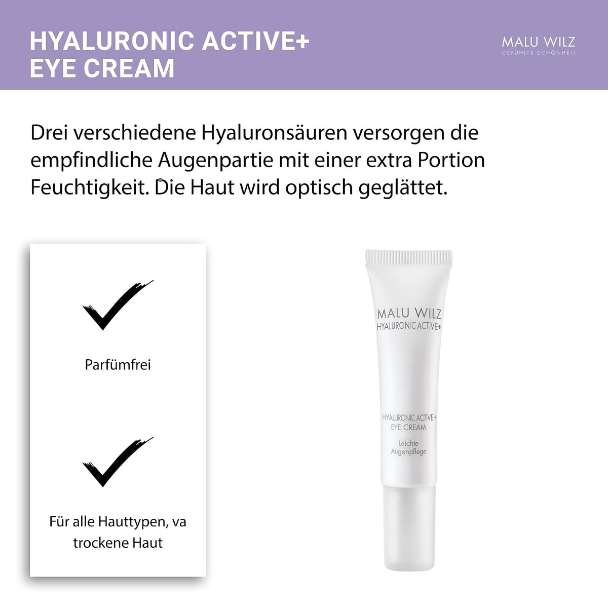 Malu Wilz Hyaluronic Active + Eye Cream 15 ml I Erfrischende Skincare Augenpflege-Serum mit Hyaluron-Wirkstoff-Formel mit Dual-Effekt I Booster