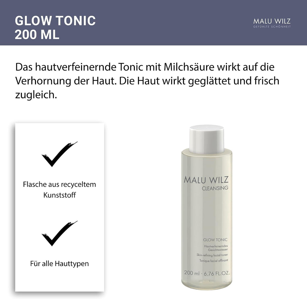 Malu Wilz Glow Tonic 200 ml I Gesichtswasser mit Milchsäure, Hyaluronsäure, Glycerin & Panthenol I Tonic mit Peeling-Effekt I Glättet die Haut I Vegan