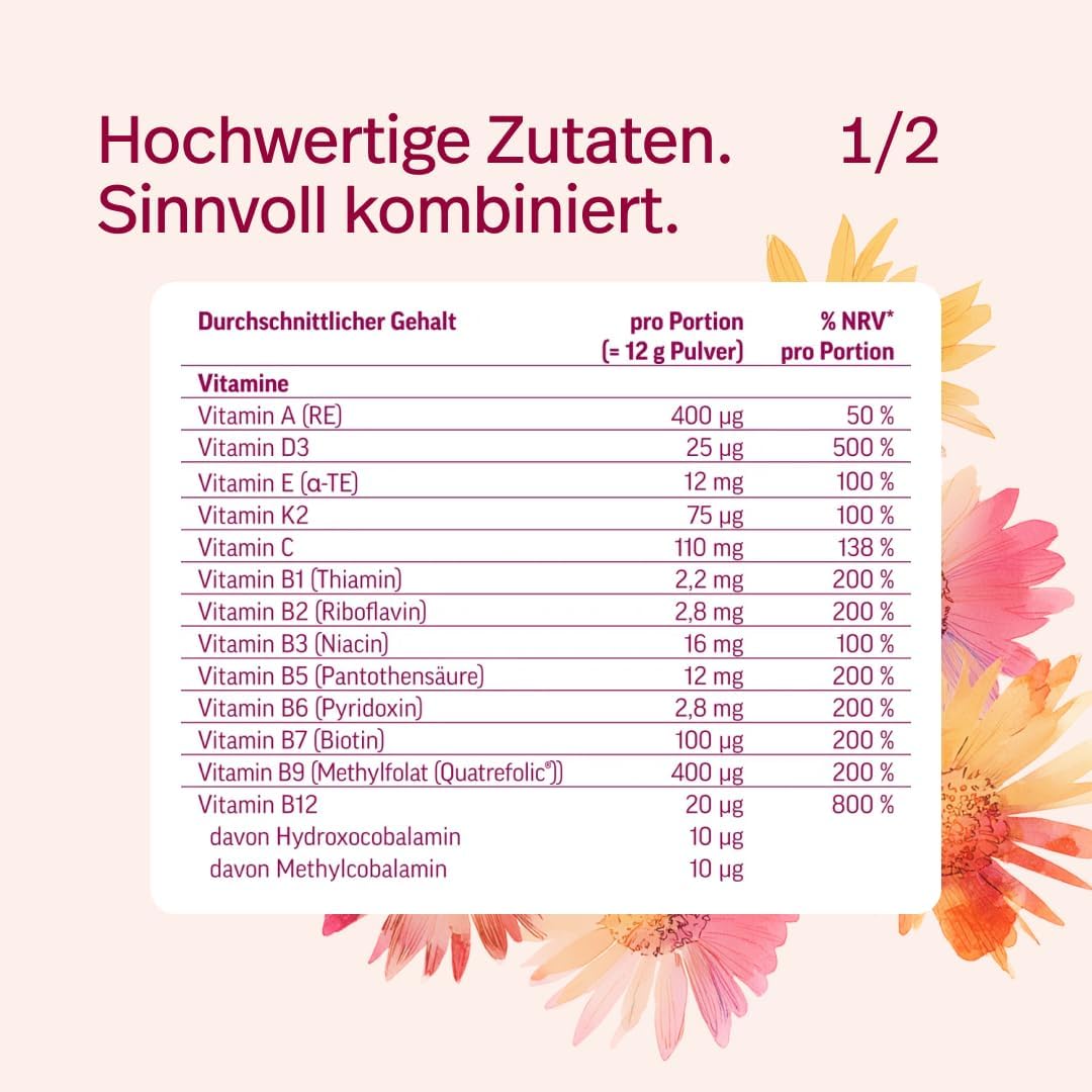 edubily® Frauen Multi Plus – Multivitamin & Mineralstoff-Drink für Frauen - Mit Calcium, Magnesium, Zink, Vitamin D & B-Vitaminen, Kreatin, Q10 & Kollagen - Zuckerfrei (360 g, Maracuja)