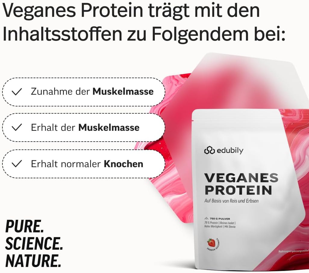 edubily® Veganes Proteinpulver - Mit Reisprotein und Erbsenprotein - Hoher Eiweißgehalt - Ohne Zucker • Mit Stevia • Laborgeprüftes Eiweißpulver (750 g, Erdbeere)