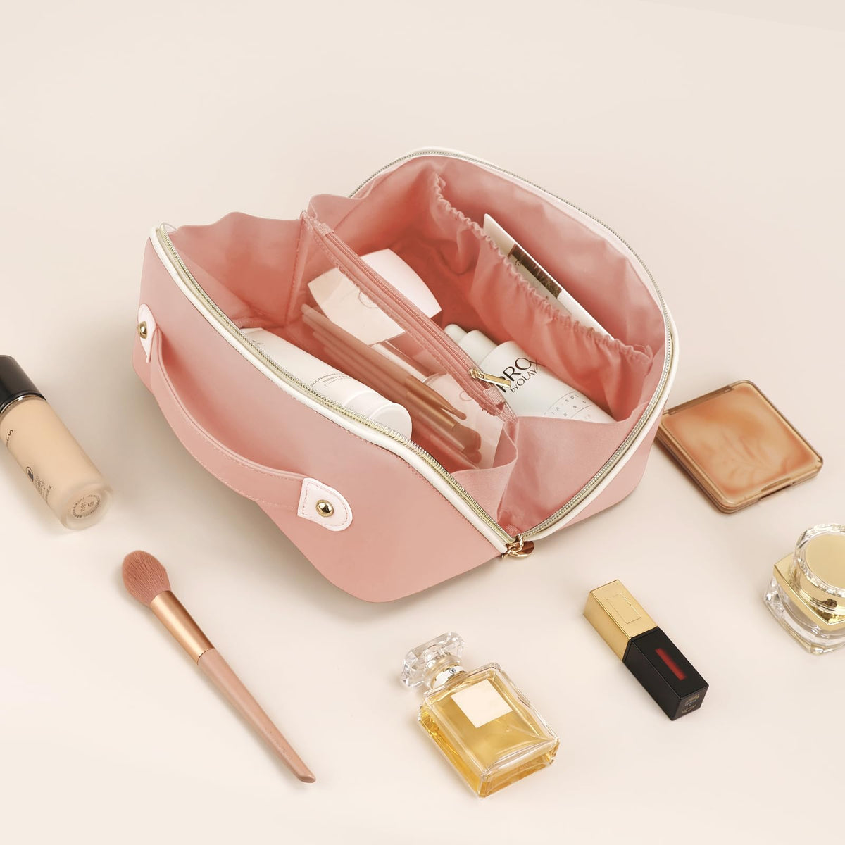 Prite Kosmetiktasche Reise Make Up Tasche mit Pinsel-Fächer, Beige, L