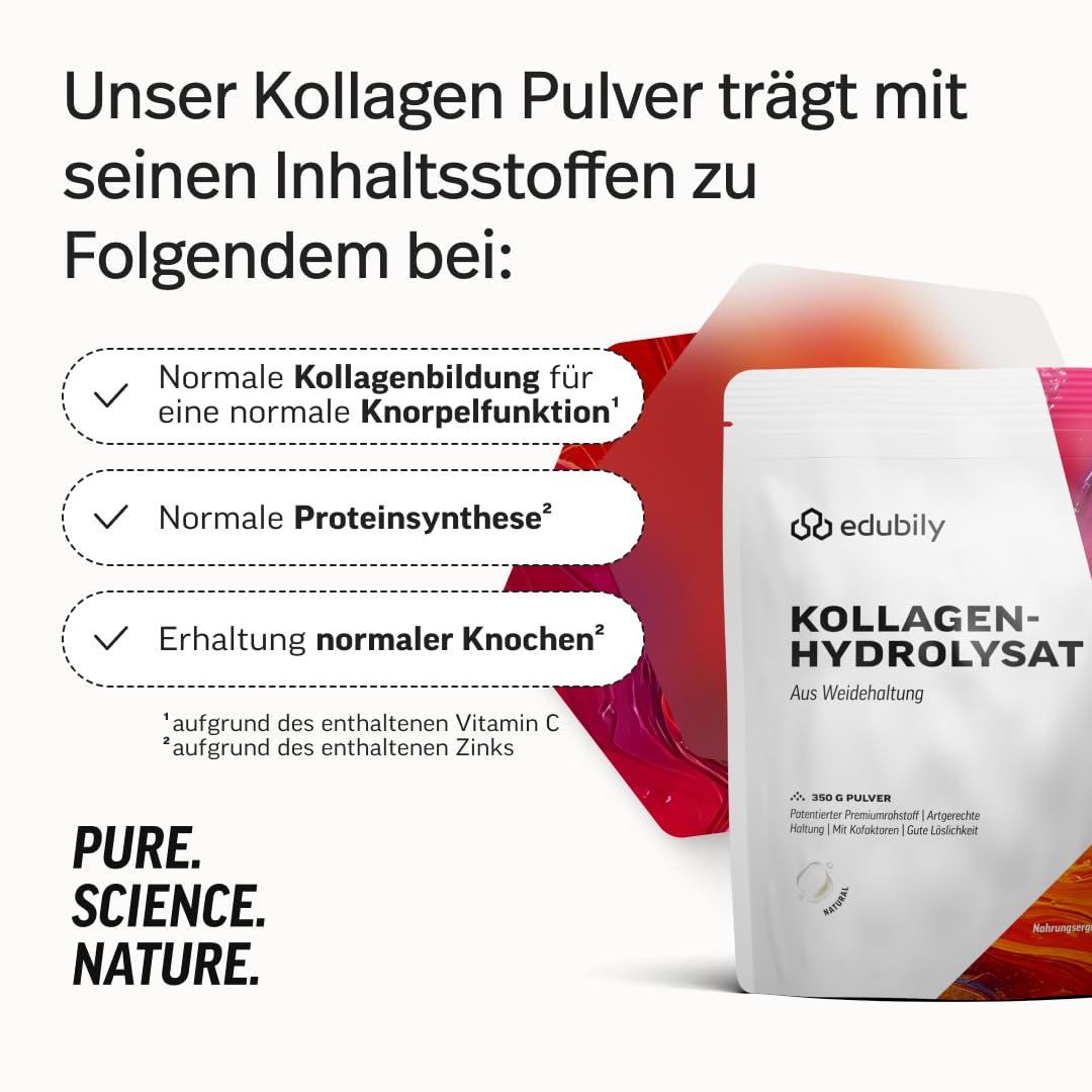 edubily® Kollagen-Hydrolysat - Kollagen Pulver als hochwertige Proteinergänzung im Alltag - aus Weidehaltung, Vitamin C, Zink, Kupfer, Mangan & Kieselsäure - 1 Portion täglich (750 g, ohne Geschmack)