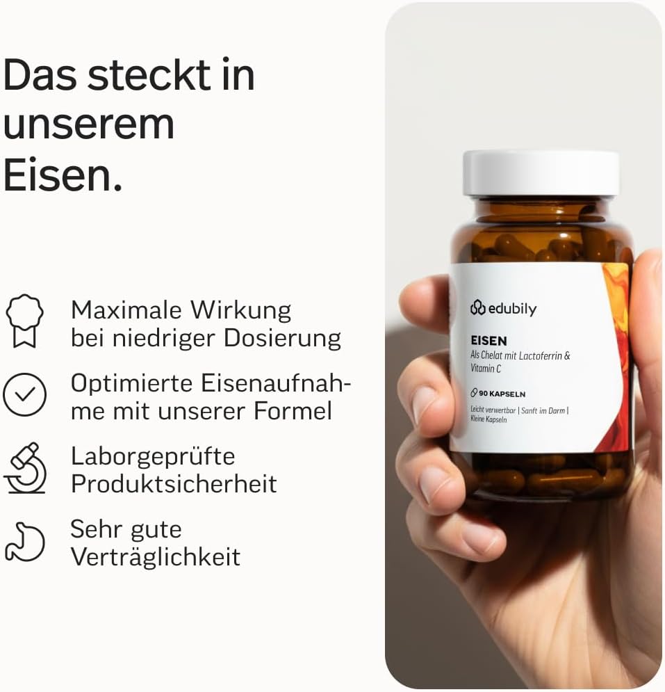 edubily® Eisen mit Lactoferrin - Eisentabletten mit Lactoferrin & Vitamin C aus Acerola-Extrakt - Kleine, leicht zu schluckende Kapseln (90 Kapseln)